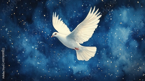 A white dove in flight against a starry night sky. The dove is a symbol of peace, hope, and faith.