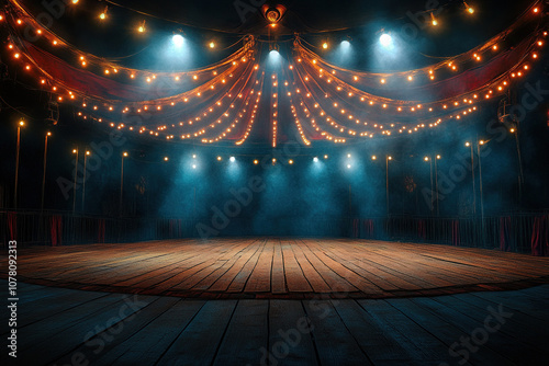 Circus arena in the light of spotlights, stage of a moving circus. Touring circus. Generated by artificial intelligence