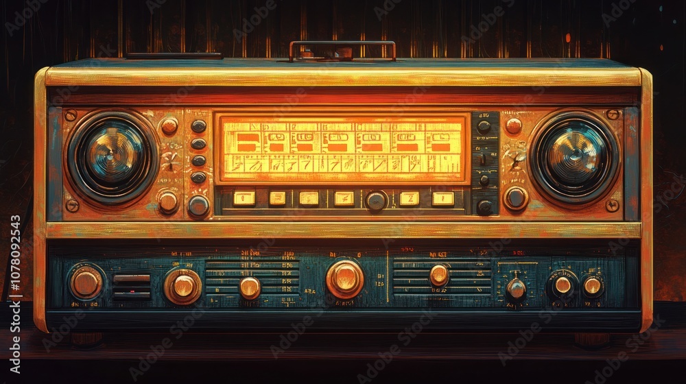 Fototapeta premium Vintage radio with glowing display and knobs, brown wood frame.