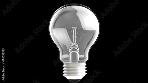 solitary upright lightbulb on solid black background creates striking visual contrast, emphasizing its clear glass design and intricate filament