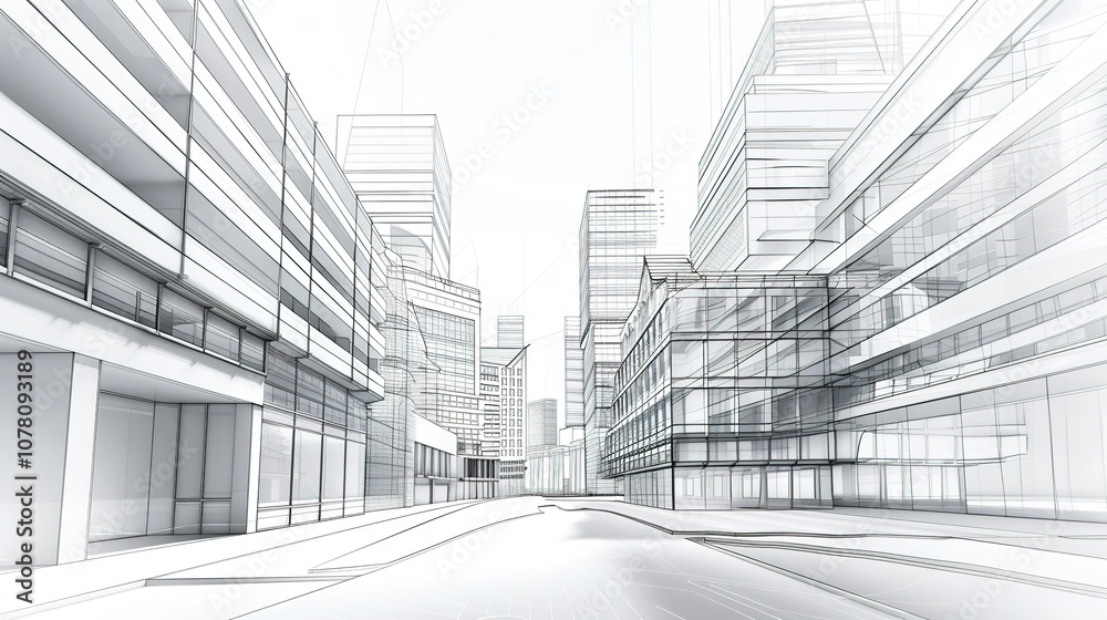 Obraz premium Black and White Urban Building Outline - a minimalist and striking visual. The monochromatic drawing highlights the architectural elegance and outlines the urban landscape in a bold manner.