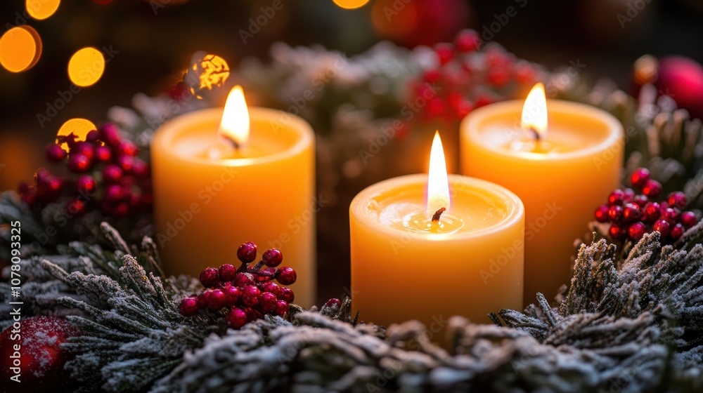 Three burning candles in a Christmas wreath with red berries, surrounded by twinkling lights. Three burning candles in a Christmas wreath with red berries, surrounded by twinkling lights.