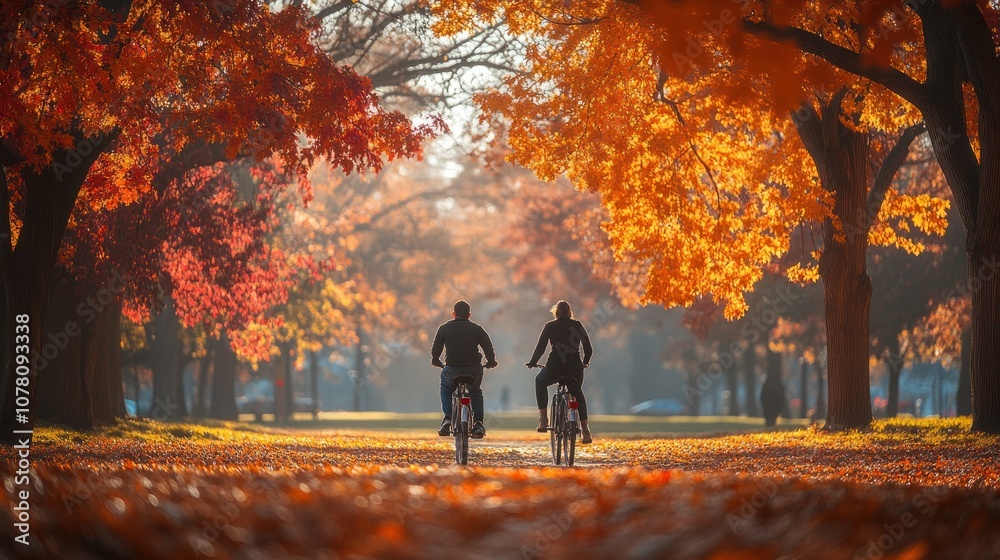 Couple cycling on a sunny autumn day through a park with trees with colorful leaves. Couple cycling on a sunny autumn day through a park with trees with colorful leaves.