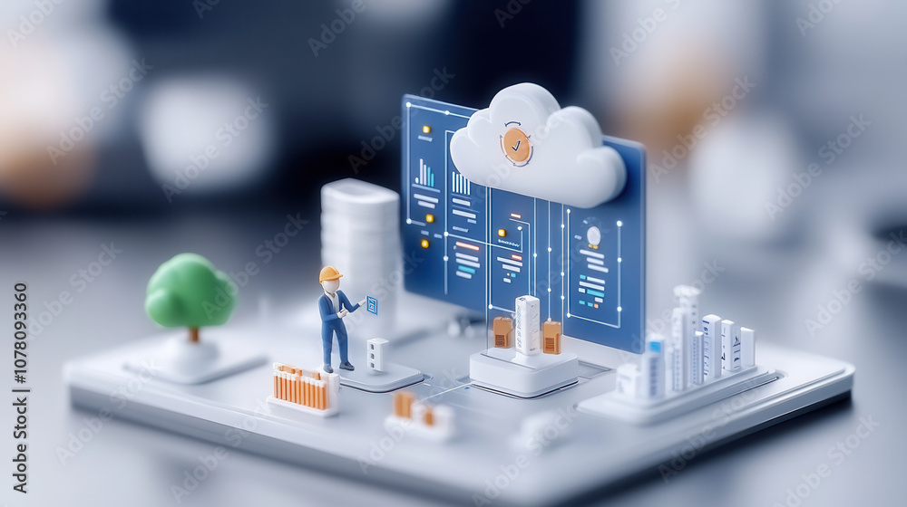 Obraz premium 3D model of cloud based data analysis platform with worker, trees, and charts, showcasing modern technology and data management