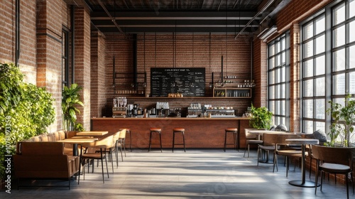 Sleek industrial café interior with wooden accents and lush greenery, creating a cozy and inviting atmosphere.