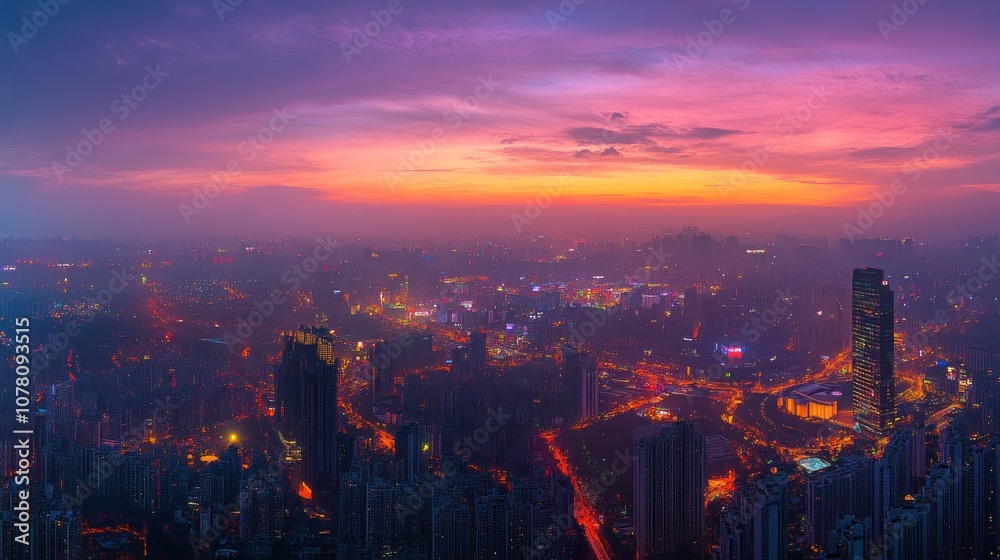 A panoramic view of a city skyline at sunset, with a hazy sky and buildings illuminated by streetlights. A panoramic view of a city skyline at sunset, with a hazy sky and buildings illuminated by streetlights.