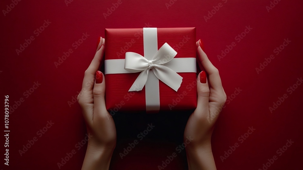 Woman s Hands Holding a Festive Red Gift Box with Elegant White Bow on Red Background Woman s Hands Holding a Festive Red Gift Box with Elegant White Bow on Red Background