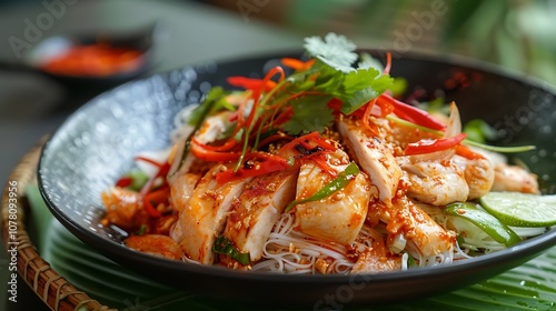 On a green meal spiced chicken is presented with panang streaming noodle