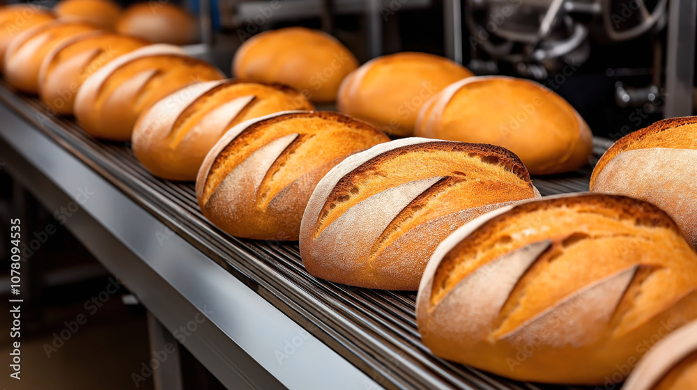 Row of freshly baked loaves of bread with golden crust on a conveyor belt in an industrial bakery setting. Row of freshly baked loaves of bread with golden crust on a conveyor belt in an industrial bakery setting.