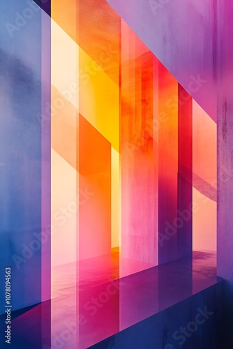 Vibrant Color Gradient Abstract Architectural Design with Geometric Patterns and Translucent Panels