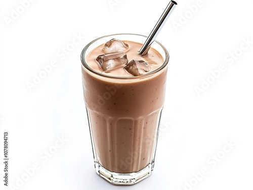 Iced chocolate smoothie in a glass with metal straw.