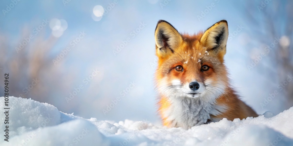 Fototapeta premium Cute fox covered in snow, winter, fluffy, animal, adorable, playful, cold, wildlife, nature, white, fur, outdoors, wilderness