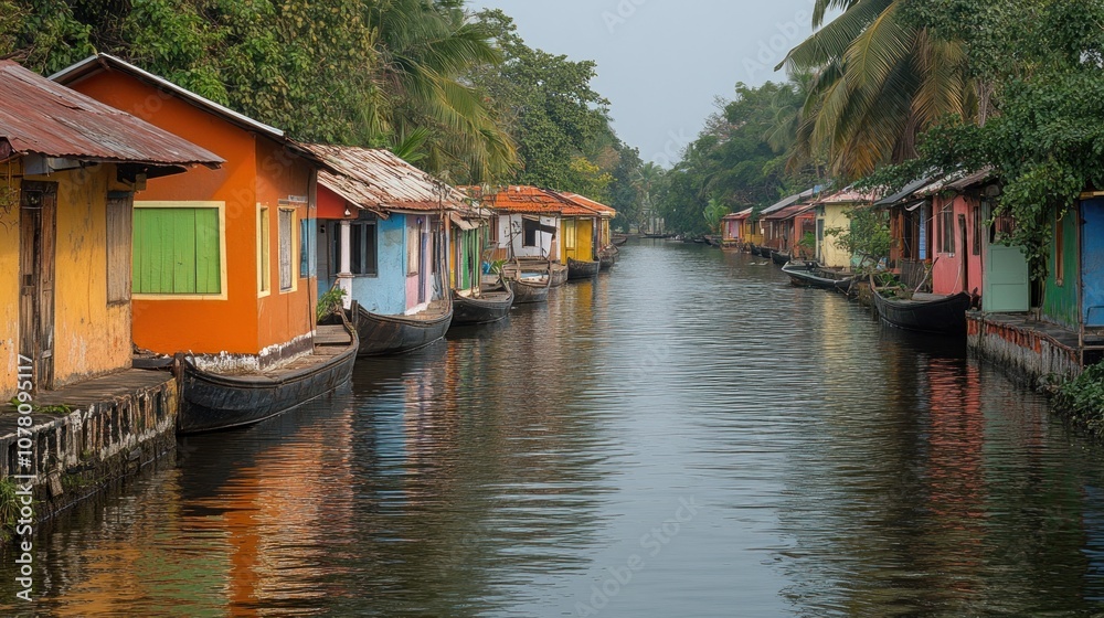 Obraz premium Colorful houses on stilts lining a narrow canal in a tropical setting.