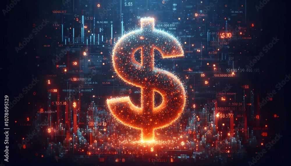 Dollar Sign of Success: A radiant, glowing dollar sign bursts from a digital landscape, symbolizing financial growth and digital wealth. It's a powerful visual for financial success, investments.