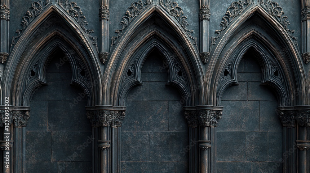 Fototapeta premium A dark, textured wall with three gothic arches, featuring intricate carvings and ornate details.