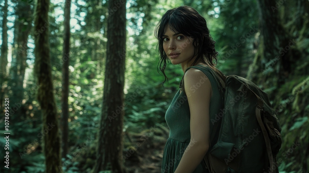 A woman stands in a lush forest, looking back with a backpack, suggesting adventure and exploration. A woman stands in a lush forest, looking back with a backpack, suggesting adventure and exploration.