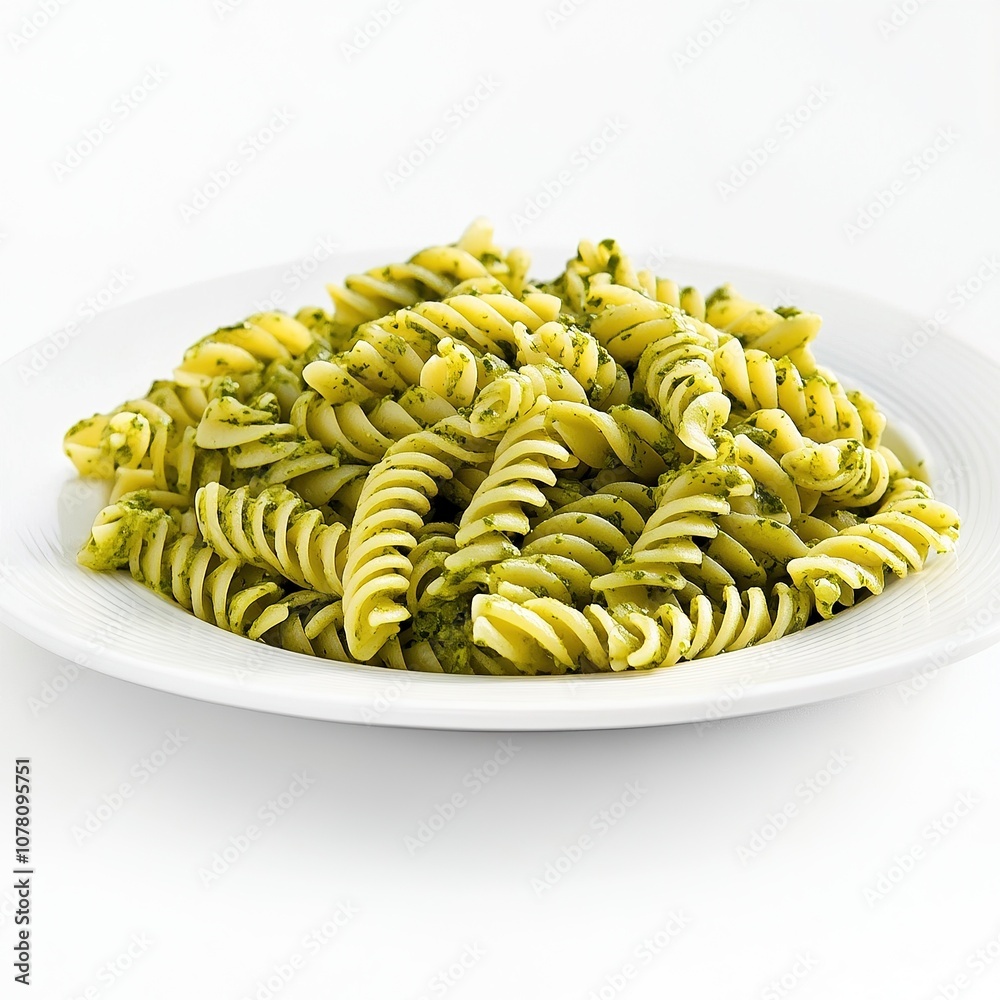 Fusilli pasta with basil pesto on white plate. Fusilli pasta with basil pesto on white plate.