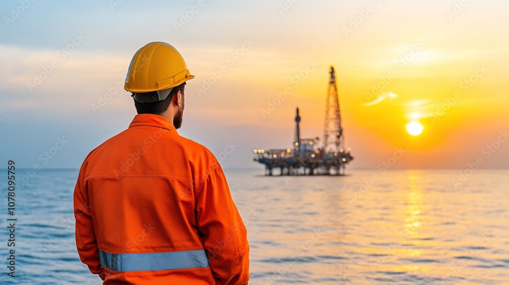 Worker in Safety Gear Observing Offshore Oil Rig During Beautiful Sunset Over Calm Waters, Emphasizing Energy Industry and Safety Protocols Worker in Safety Gear Observing Offshore Oil Rig During Beautiful Sunset Over Calm Waters, Emphasizing Energy Industry and Safety Protocols