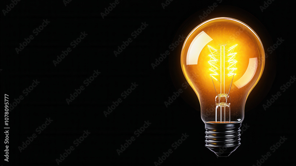 Bright lightbulb glowing against dark background, showcasing its filament design and warm yellow light. This artistic portrayal emphasizes illumination and creativity Bright lightbulb glowing against dark background, showcasing its filament design and warm yellow light. This artistic portrayal emphasizes illumination and creativity