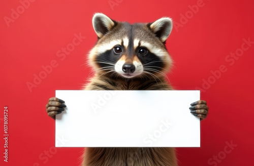 Cute raccoon holding blank sign on red background