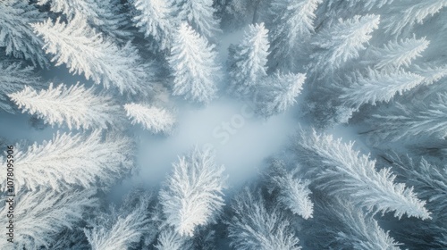 Top view of a forest canopy weighed down by fresh snow, creating a seamless white landscape.