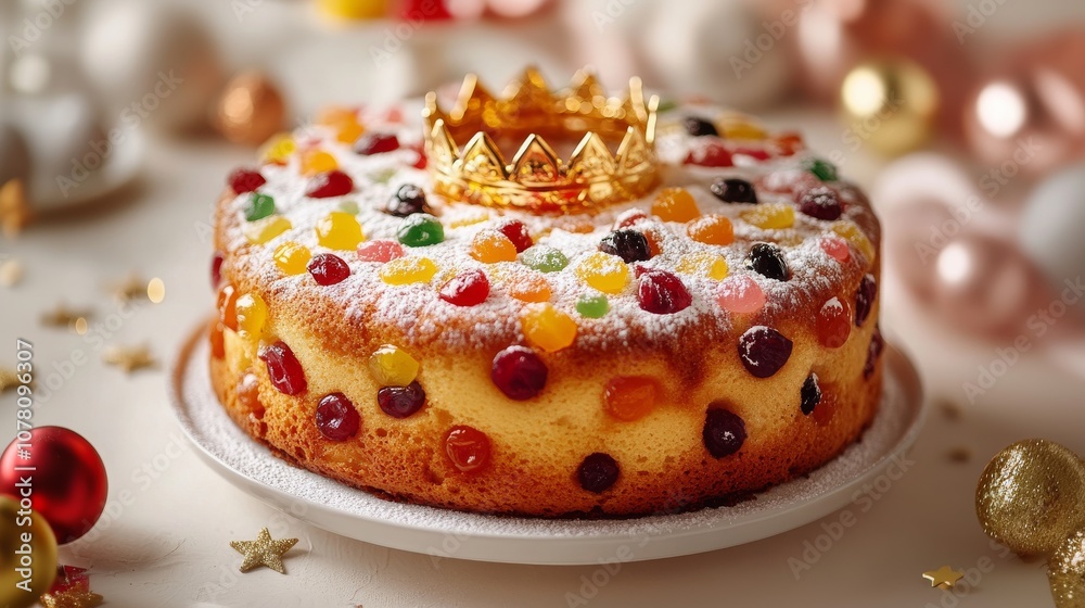 Rosca de Reyes cake topped with delicate golden crown and candied fruits. Three Kings Day, Epiphany, Feliz Dia de Reyes Rosca de Reyes cake topped with delicate golden crown and candied fruits. Three Kings Day, Epiphany, Feliz Dia de Reyes