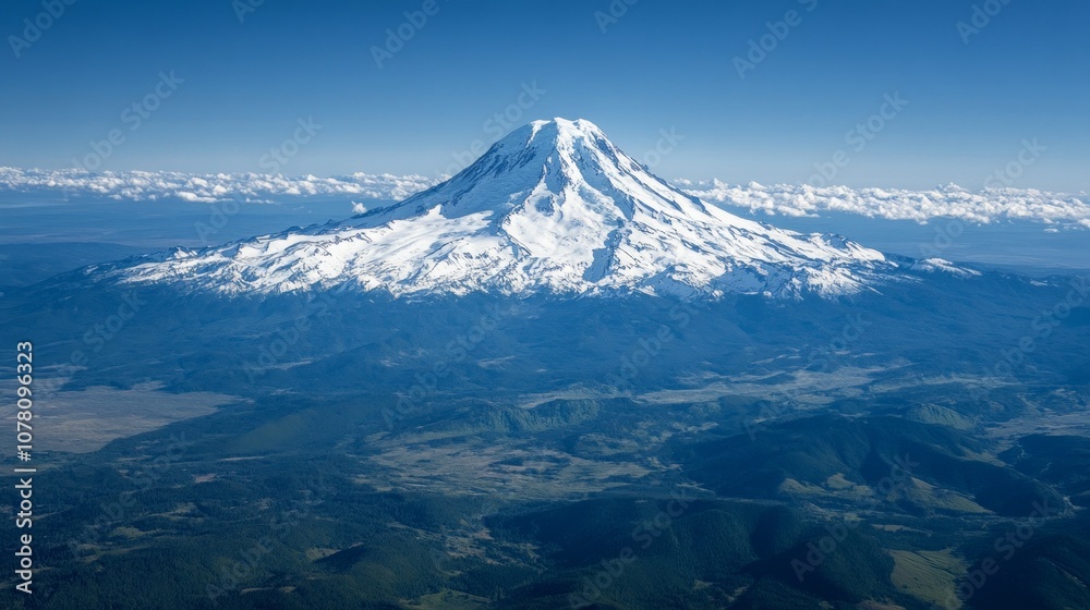Airplane window shot of snow-capped mountains and expansive wilderness below. Airplane window shot of snow-capped mountains and expansive wilderness below.