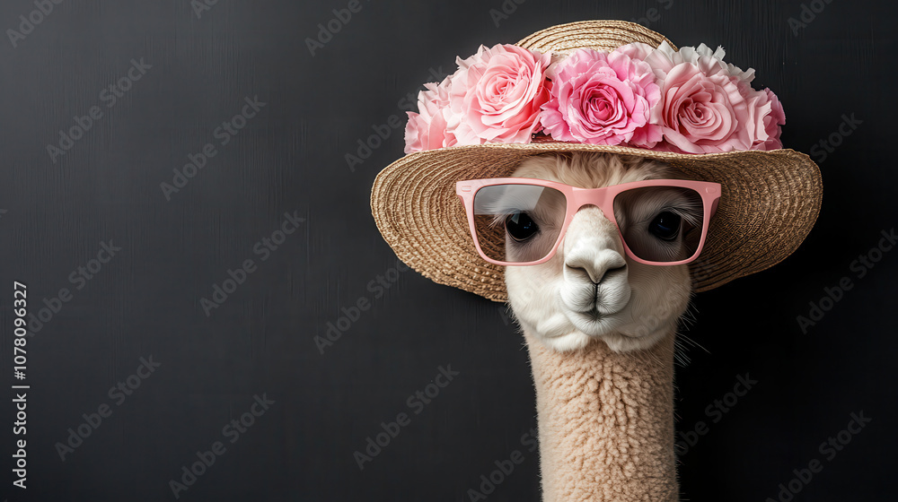Chic alpaca wearing sunglasses and flower laden summer hat, exuding playful vibe. This stylish animal captures attention with its unique look and charm