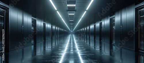 Dark and Cold Server Room with Bright White Lights