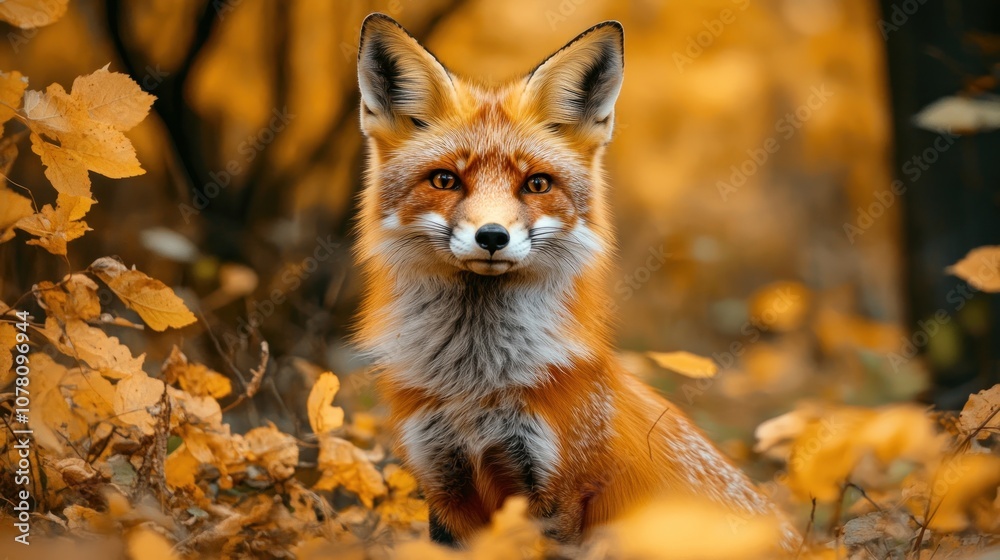 Fototapeta premium A red fox with alert ears and a curious expression sits in a forest of golden leaves.