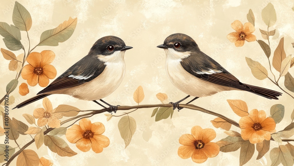Fototapeta premium Two Birds Perched on Branch with Flowers