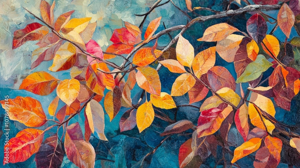 Brightly colored autumn foliage covering tree branches, creating a warm seasonal palette. Brightly colored autumn foliage covering tree branches, creating a warm seasonal palette.