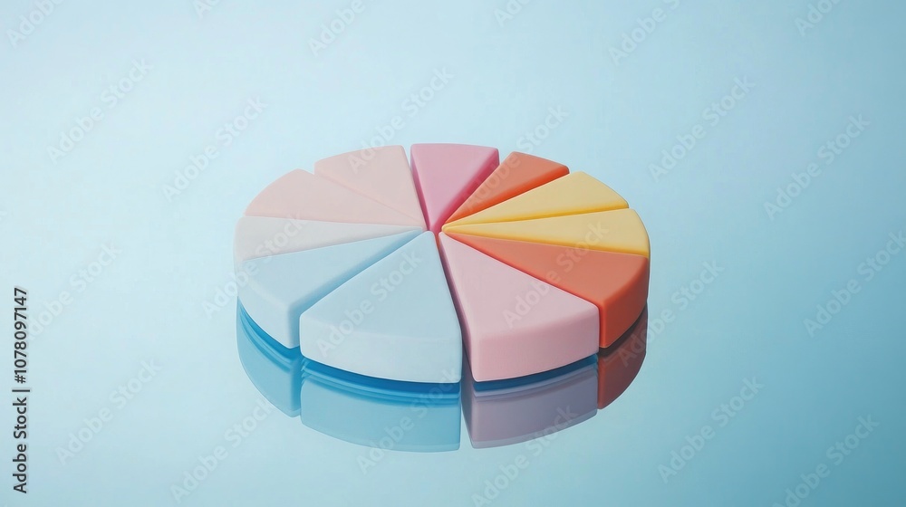 Obraz premium Colorful segments of a pie chart made from vibrant pastels on a reflective surface, symbolizing proportion, creativity, and modern design in visual representation.