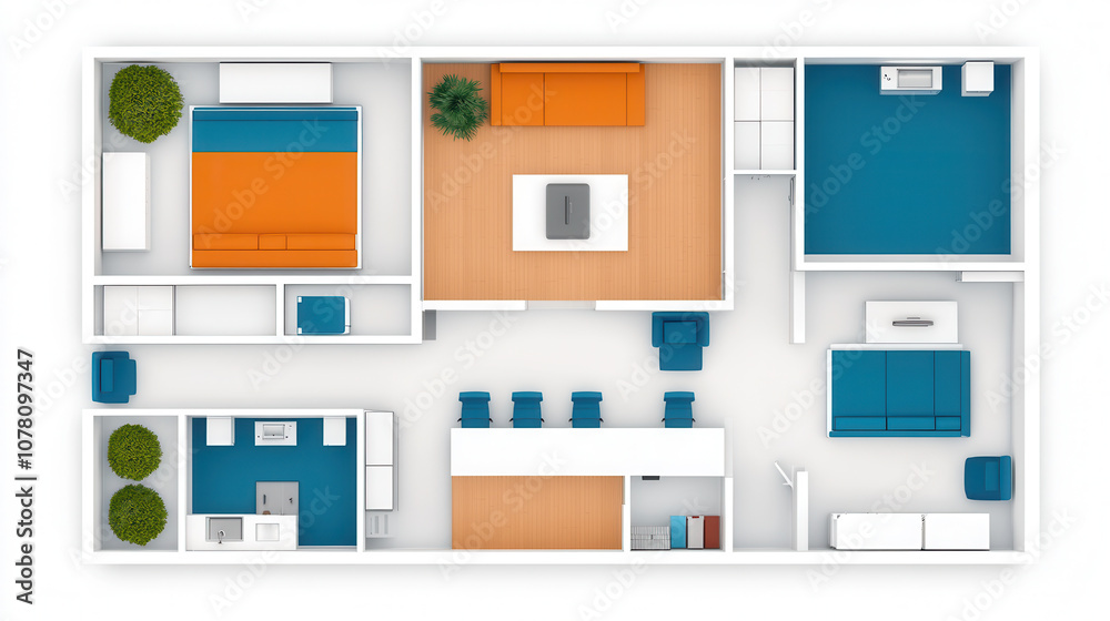 Modern top view layout of stylish apartment featuring vibrant colors and functional spaces. design includes living area, kitchen, and bedroom, creating cozy atmosphere Modern top view layout of stylish apartment featuring vibrant colors and functional spaces. design includes living area, kitchen, and bedroom, creating cozy atmosphere
