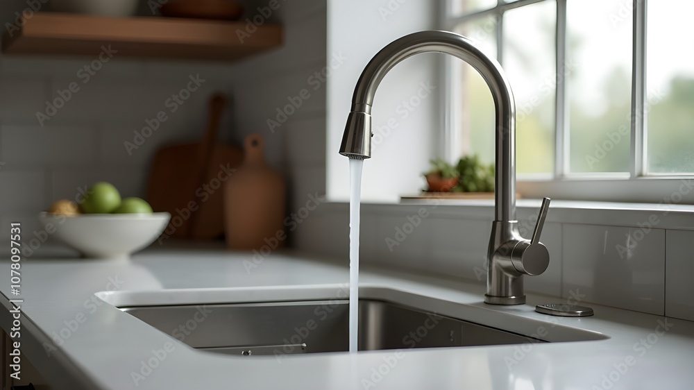Close up shot of modern kitchen faucet with water running from tap. Close up shot of modern kitchen faucet with water running from tap.