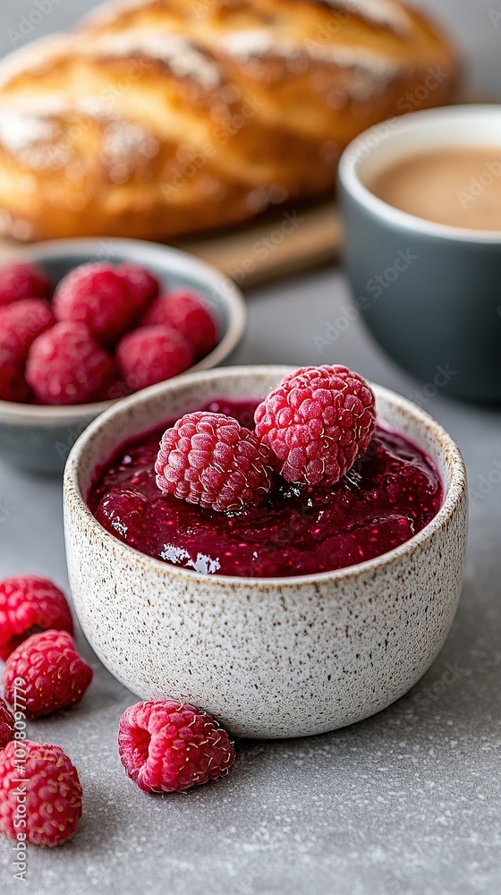 Raspberry Jam with Fresh Raspberries and Bread for Breakfast. Raspberry Jam with Fresh Raspberries and Bread for Breakfast.