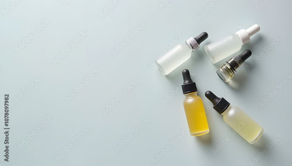 Five assorted dropper bottles with various liquids arranged on soft pastel background
