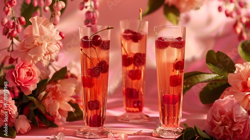 On a pink origins several tall glasses with chard shake cherries and pure ginger