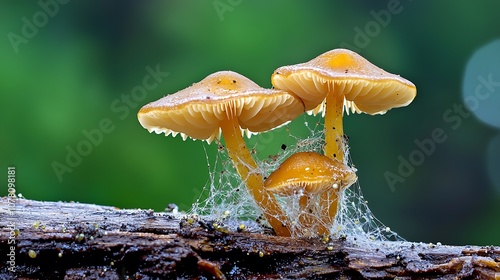 A saprophytic fungus, such as a type of mushroom or mold, can often be seen growing on a piece of wood that has been left wet or in a humid environment photo