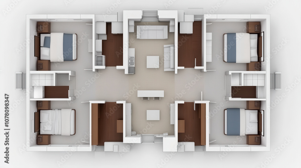 Modern floor plan layout featuring four bedrooms, shared living space, and kitchen area, ideal for communal living Modern floor plan layout featuring four bedrooms, shared living space, and kitchen area, ideal for communal living