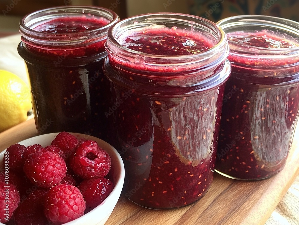 Decorative Raspberry Jars with Gold Lids and Fresh Berries. Decorative Raspberry Jars with Gold Lids and Fresh Berries.