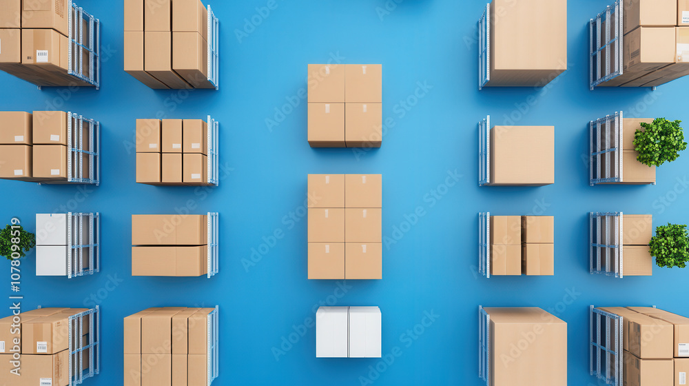 Efficient warehouse layout with cardboard boxes and shelving units. blue floor enhances organization and accessibility, creating productive environment Efficient warehouse layout with cardboard boxes and shelving units. blue floor enhances organization and accessibility, creating productive environment