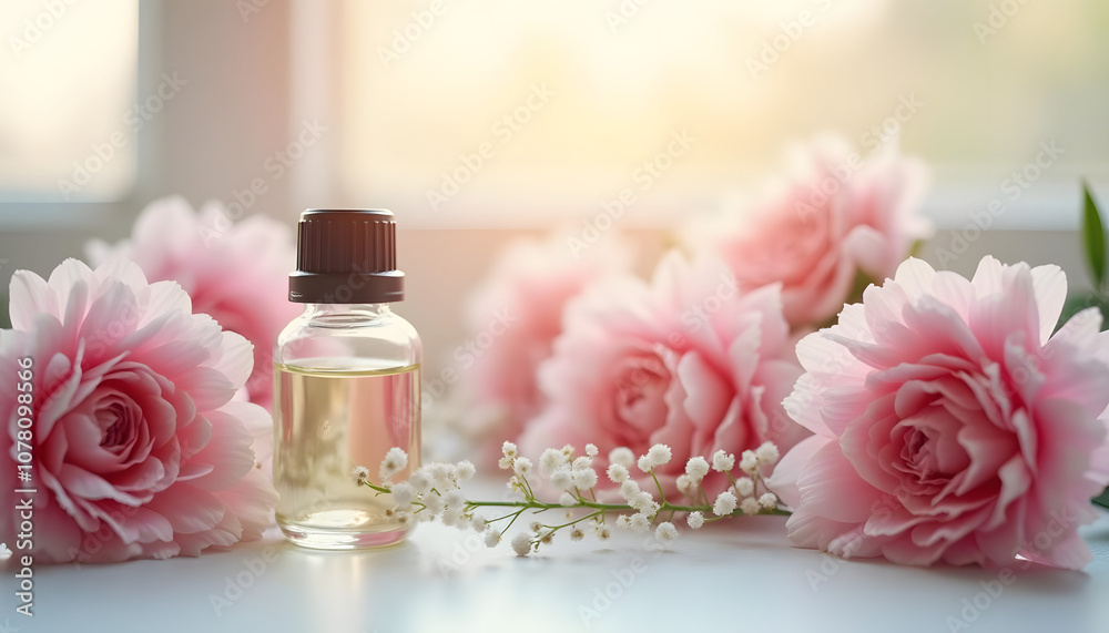 Essential oil bottle with pink flowers and soft sunlight background.
Essential oil bottle with pink flowers and soft sunlight background.