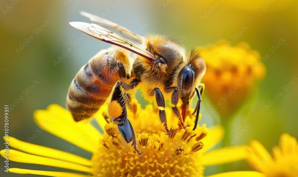 A bee collects pollen from a yellow flower. AI. A bee collects pollen from a yellow flower. AI.