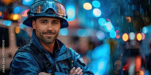 Firefighter in Rain, City Lights Background