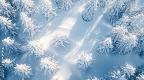 Top view of a snow-covered forest with shadows from the trees creating intricate designs.