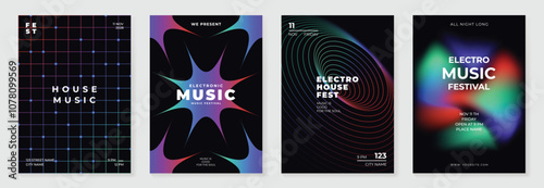 Music poster design background vector set. Electro Sound Cover template with vibrant abstract gradient geometric shape and line wave. Ideal design for social media, flyer, party, music festival, club.
