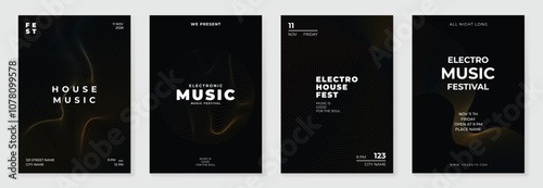 Music poster design background vector set. Electro Sound Cover template with vibrant abstract gradient geometric shape and line wave. Ideal design for social media, flyer, party, music festival, club.