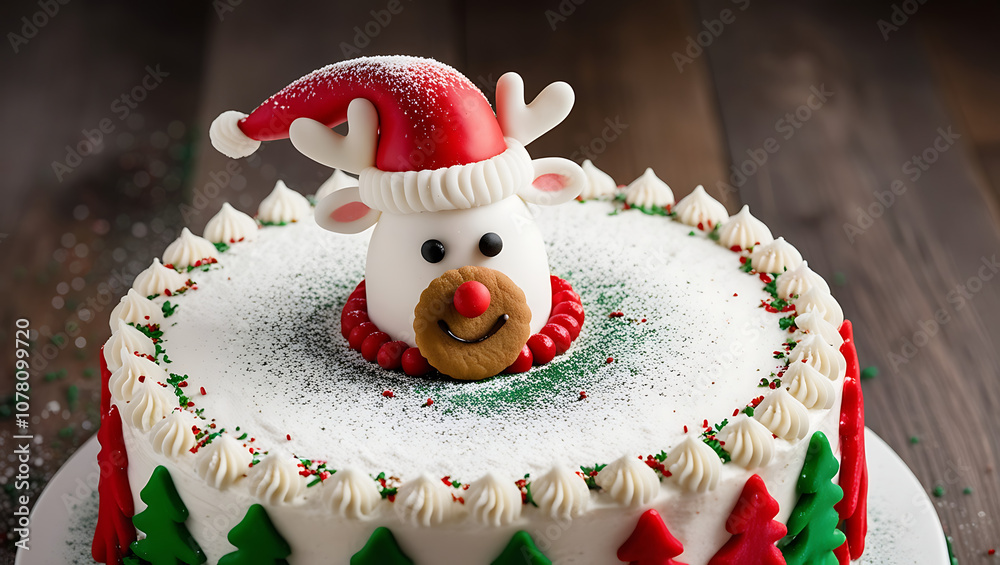 A Christmas cake with a reindeer fondant topper, green frosting, and red and white sprinkles. A Christmas cake with a reindeer fondant topper, green frosting, and red and white sprinkles.