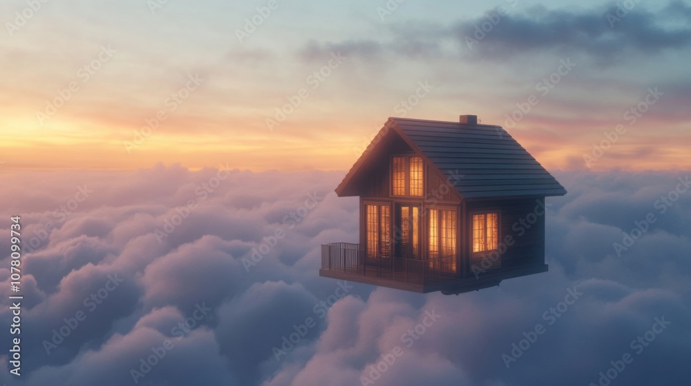 Floating tiny house in the clouds representing creative housing concepts Floating tiny house in the clouds representing creative housing concepts